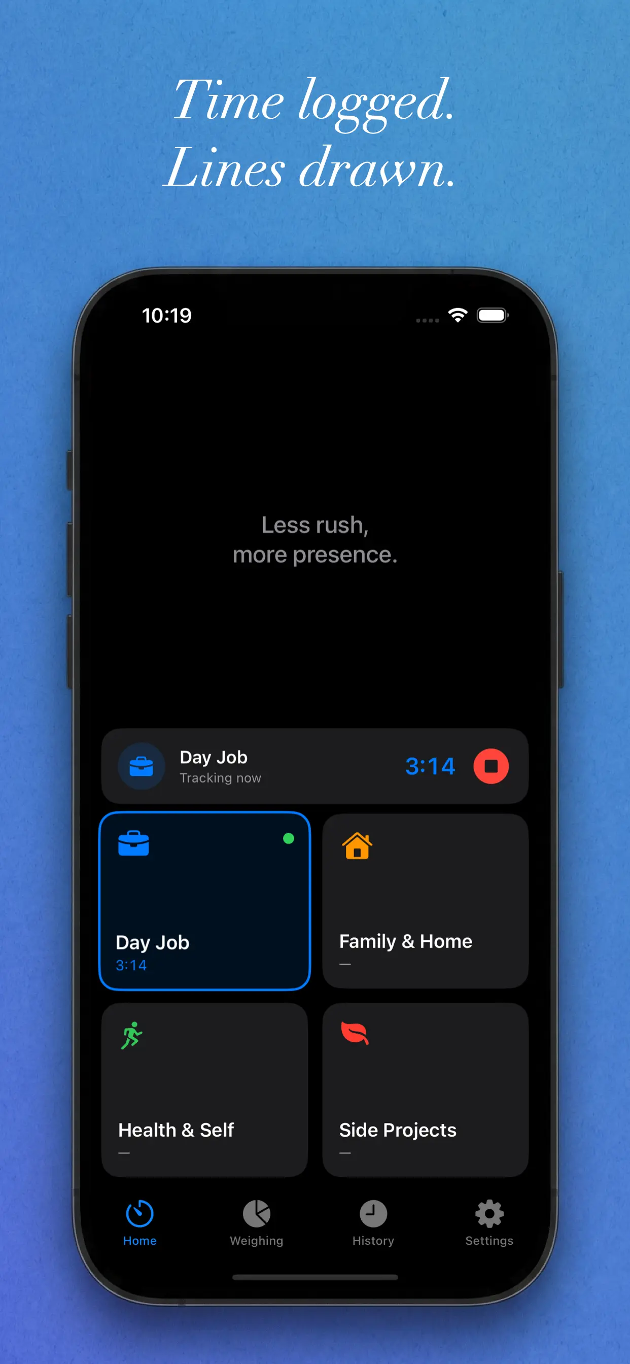 Weighing home screen showing active timer