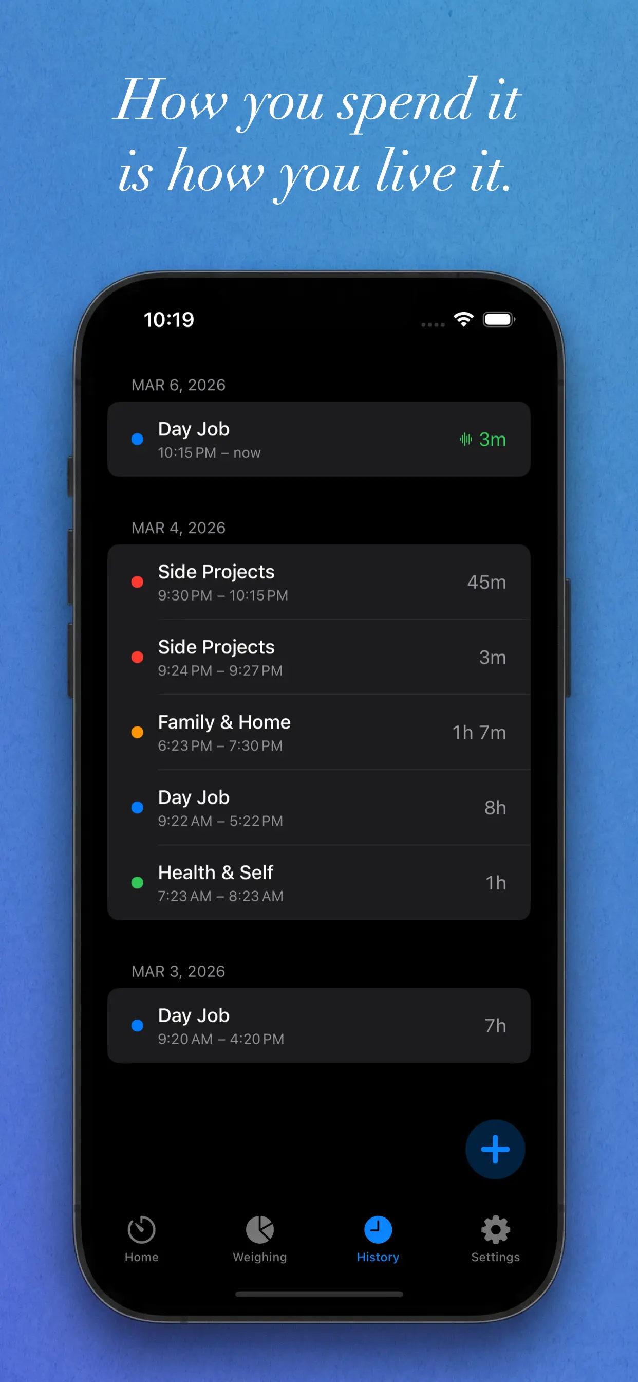 History view of logged sessions